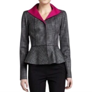 Lafayette 148 NY Peplum Blazer Gray Tweed Pink Trim Jacket Size 12